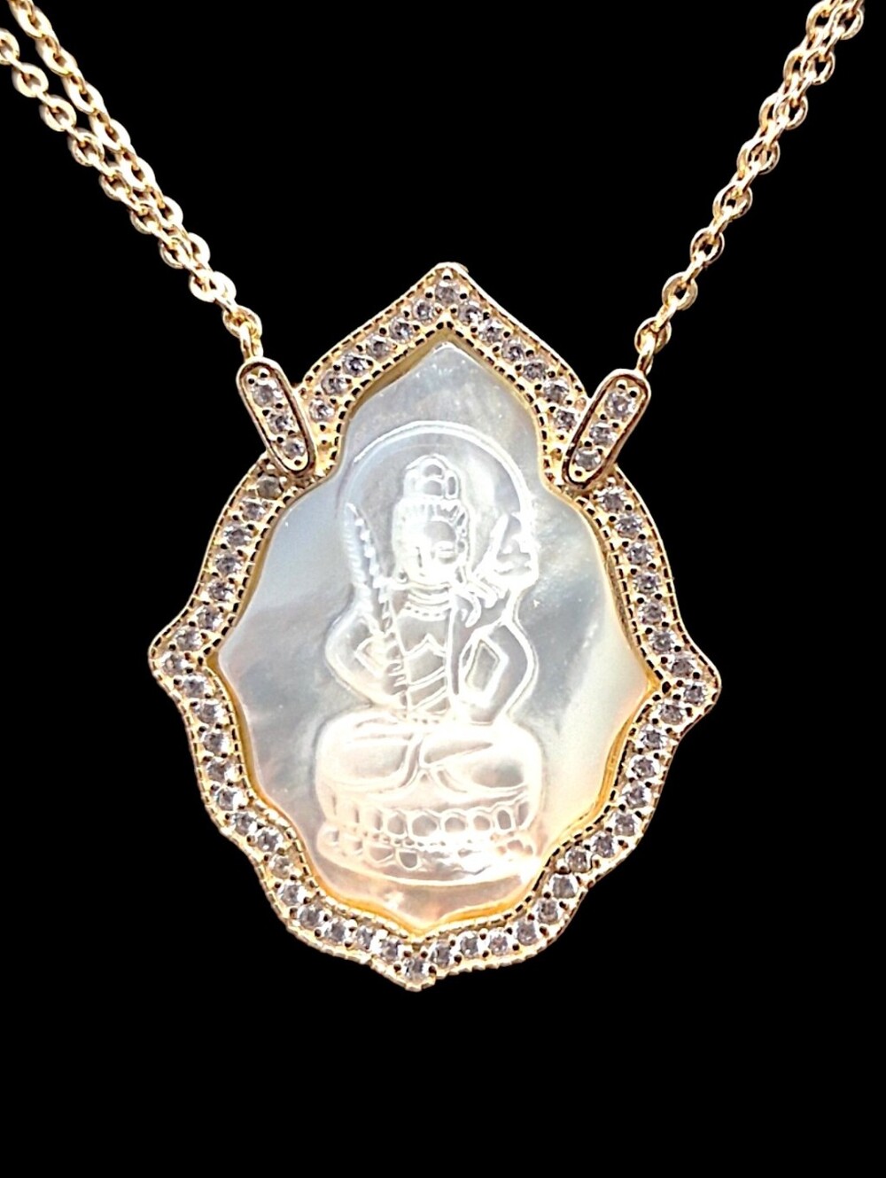 Mother of Pearl & White Zircon Carved Kwan Yin 14K over Sterling Necklace